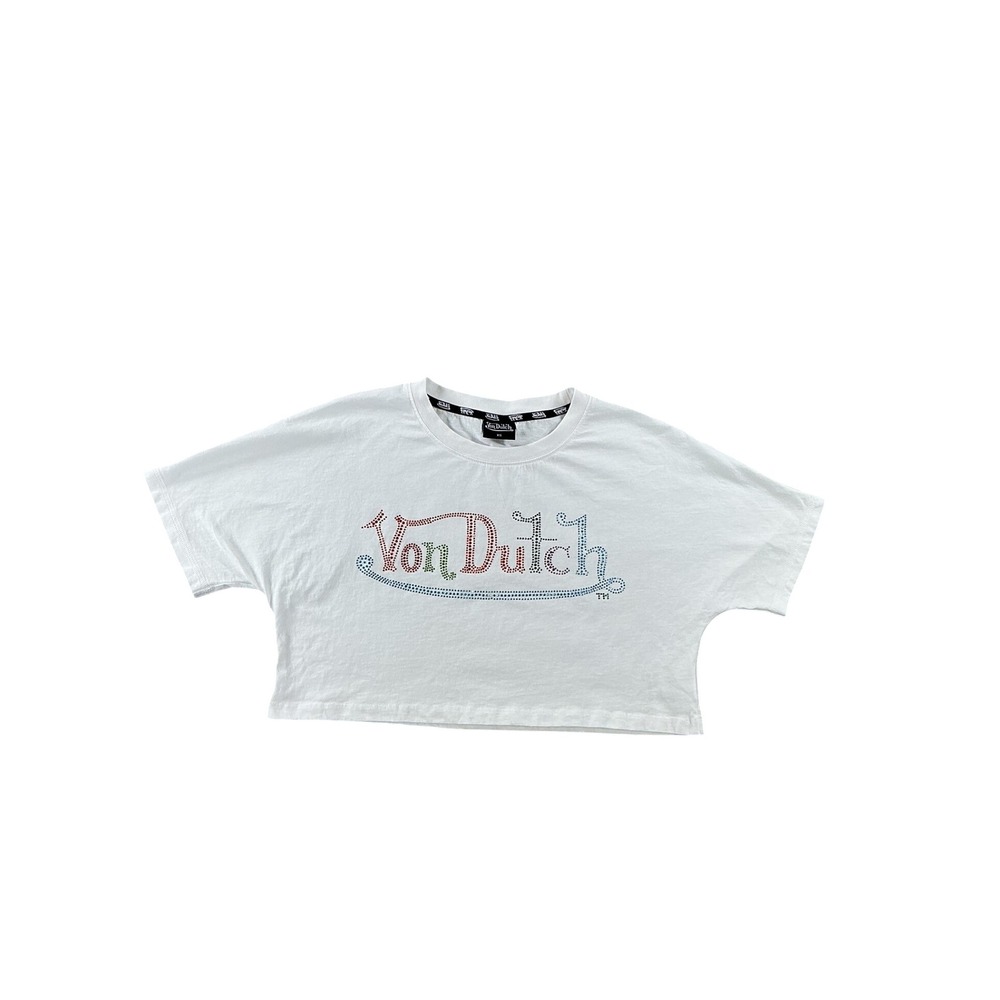 Von Dutch White Rhinestone Logo Cropped T-Shirt XS Y2K Streetwear Cotton